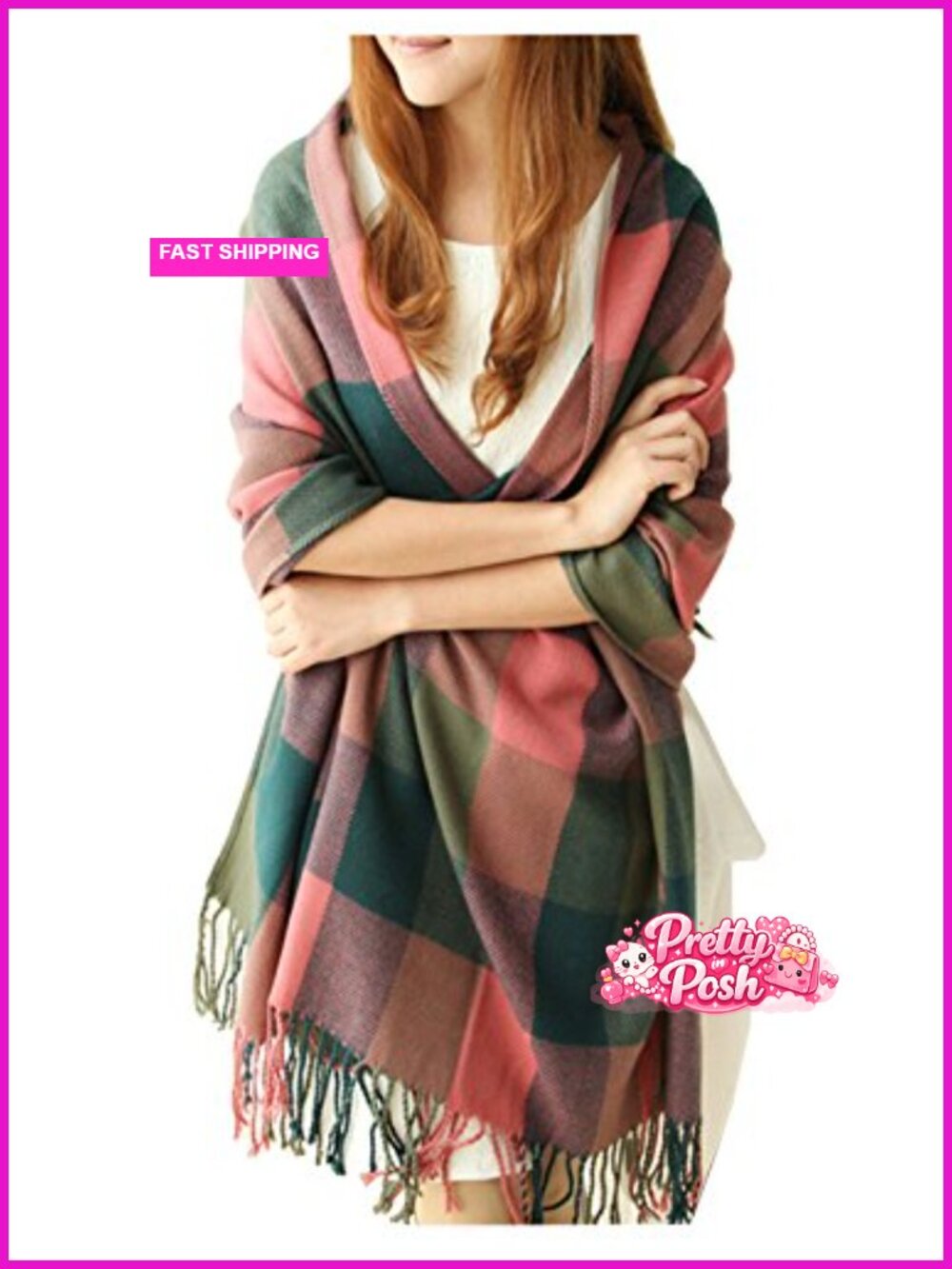 Womens Cotton Plaid Shawl Winter Warm Large Scarf Tassel